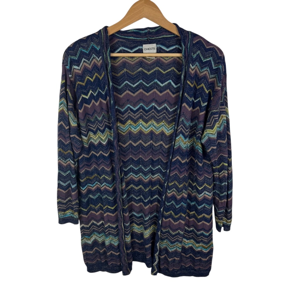 Chicos Metallic Chevron Cardigan Sweater Size 2 Large Open Front Boho Fall Layer